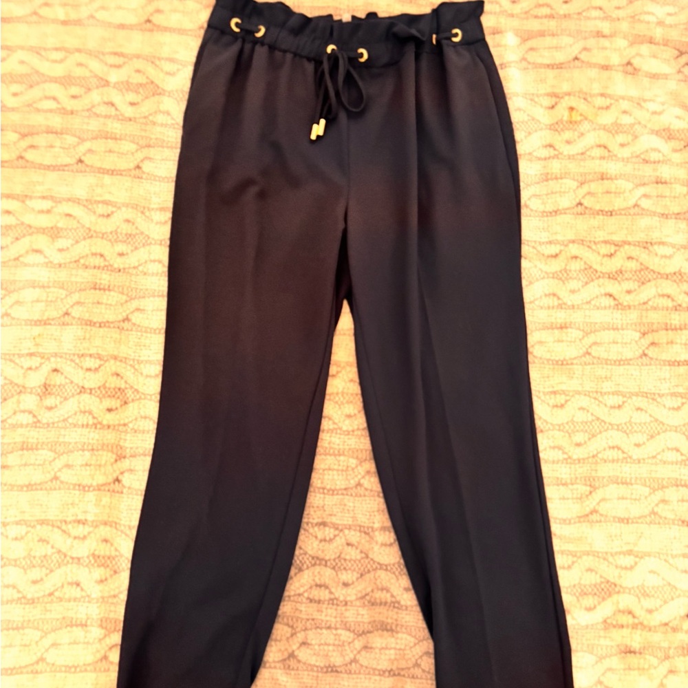 Anne Klein Navy Pants with Gold Accents & Tie Waist